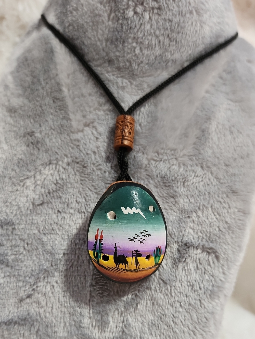 Hand-Painted Peruvian Desert Scene Pendant Necklace - Teal, Purple, Yellow